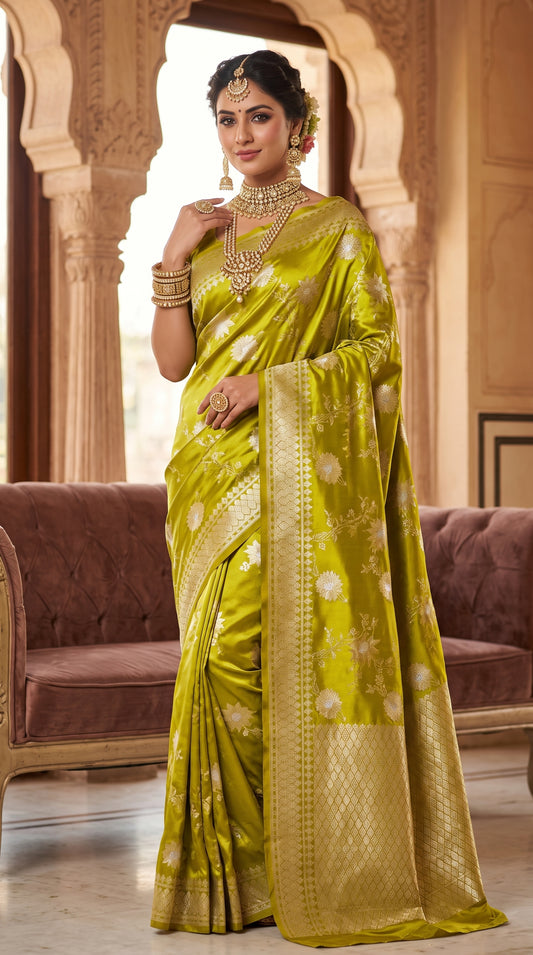 Golden Olive Green Katan Banarasi Silk Saree with Floral Jaal and Self-Toned Zari Border 3