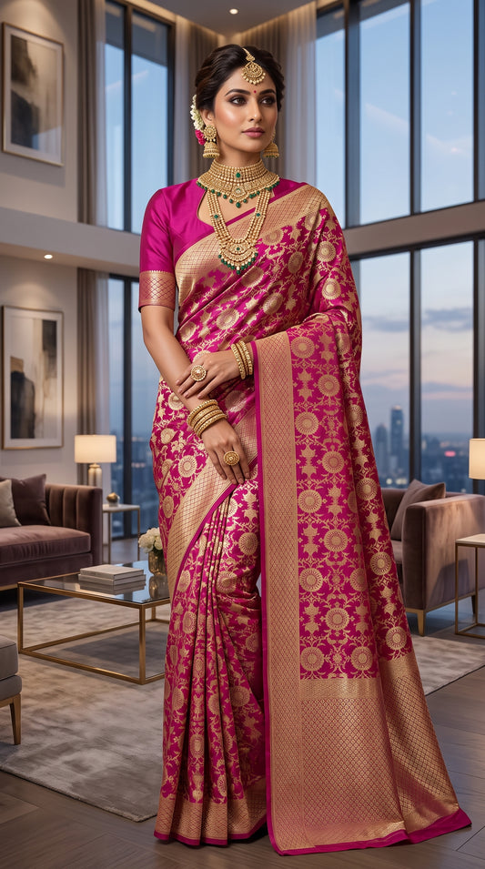 Majestic Rani Pink Floral Jaal Katan Banarasi Silk Saree with Golden Border 3