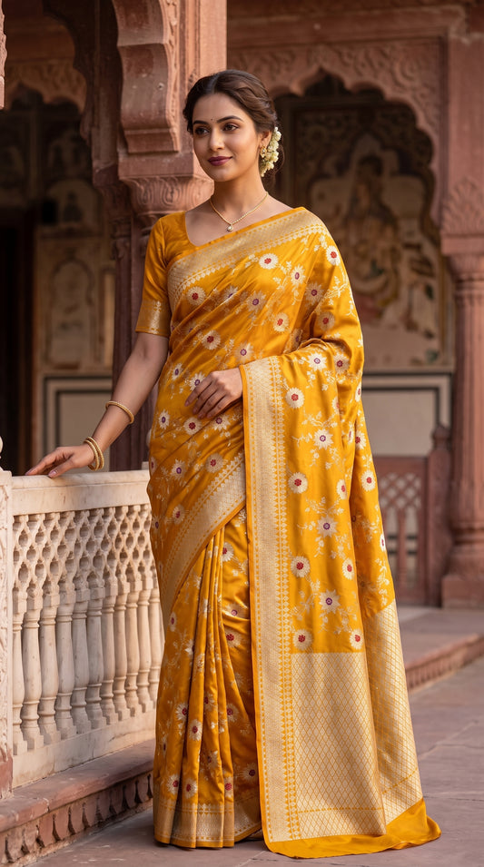 Marigold Yellow Sunflower and Daisy Jaal Saree with Golden Border 2