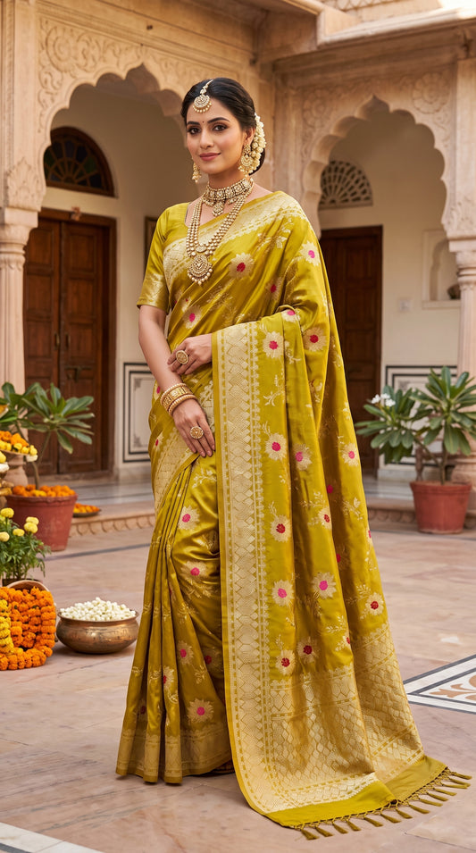 Olive Gold Sunflower and Daisy Jaal Saree with Golden Border 4