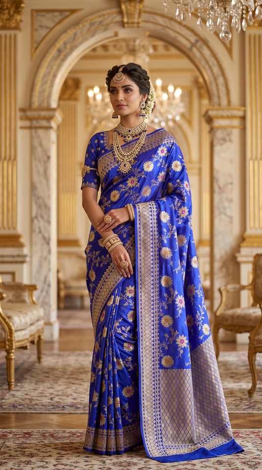 Royal Blue Sunflower and Daisy Jaal Saree with Golden Border