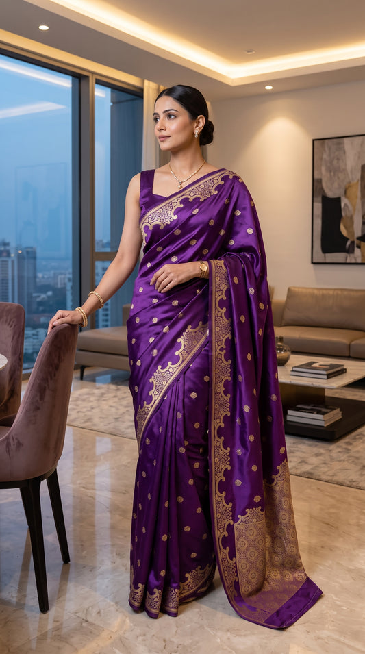 Royal Purple Katan Silk Banarasi Saree with Floral Kangoora Zari Border 2