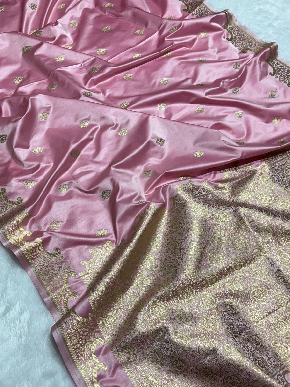 Baby Pink Katan Silk Banarasi Saree with Floral Kangoora Zari Border
