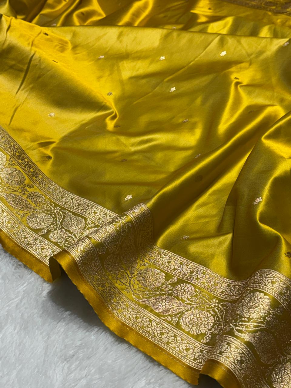 Kanak Yellow Katan Silk Chhoti Buti Saree with Gold Zari Weaving Border