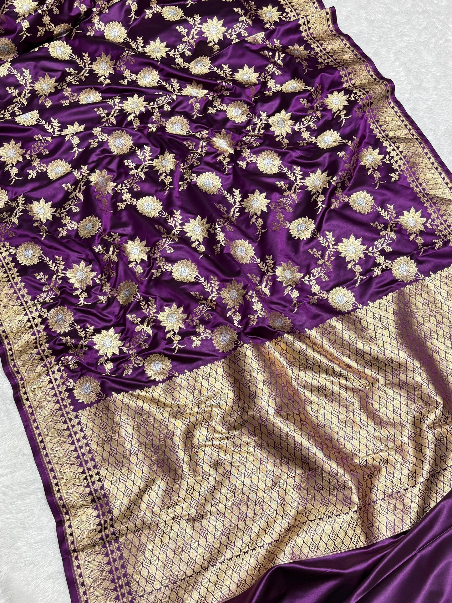 Royal Purple Floral Jaal Katan Silk Banarasi Saree with Golden Border