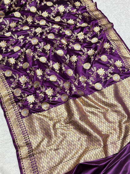 Royal Purple Floral Jaal Katan Silk Banarasi Saree with Golden Border