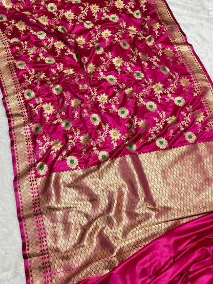 Royal Rani Pink Sunflower and Daisy Jaal Saree with Golden Border