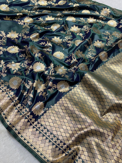 Bottle Teal Green Floral Jaal Katan Banarasi Silk Saree