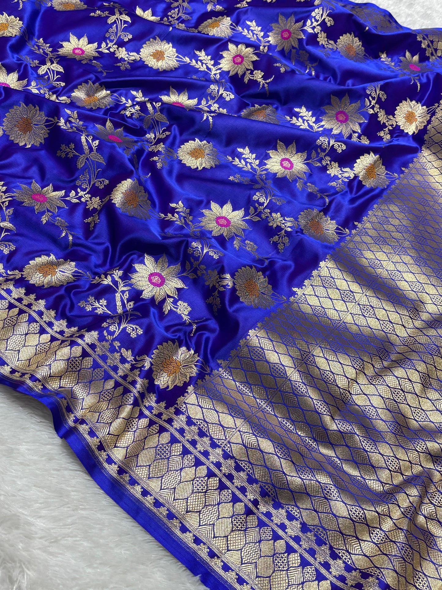 Royal Blue Sunflower and Daisy Jaal Saree with Golden Border