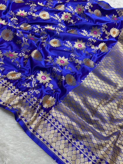 Royal Blue Sunflower and Daisy Jaal Saree with Golden Border
