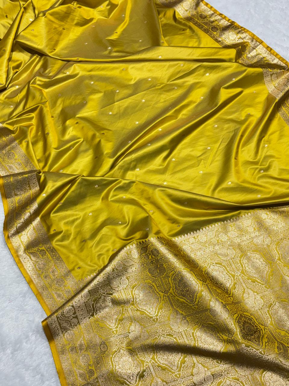 Kanak Yellow Katan Silk Chhoti Buti Saree with Gold Zari Weaving Border