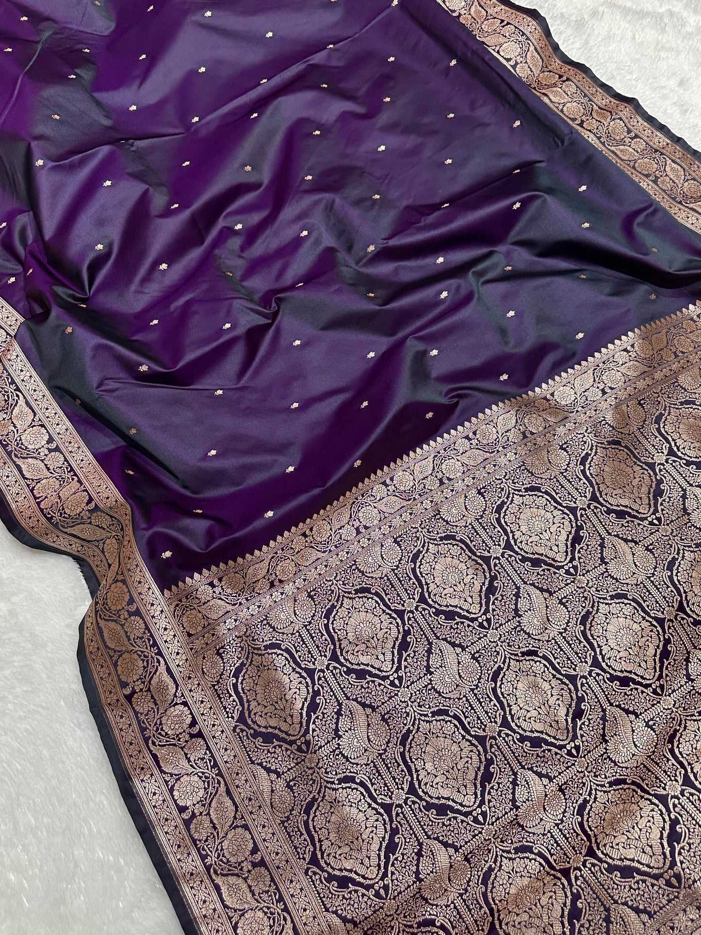 Royal Purple Katan Silk Chhoti Buti Saree with Rich Gold Zari Weaving Border