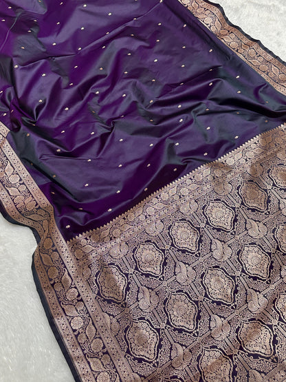 Royal Purple Katan Silk Chhoti Buti Saree with Rich Gold Zari Weaving Border