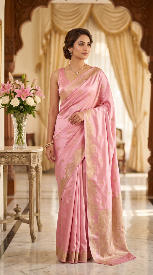 Baby Pink Katan Silk Banarasi Saree with Floral Kangoora Zari Border 1