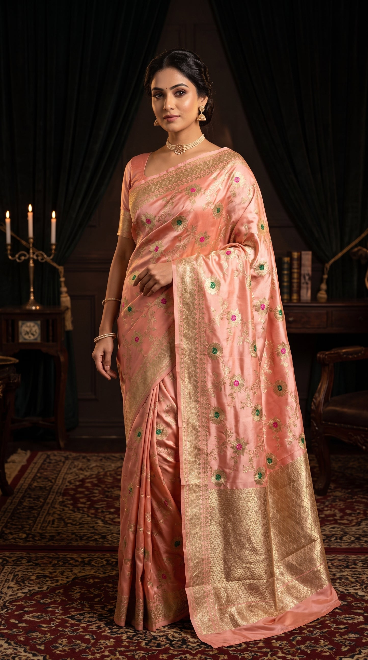 Blush Pink Sunflower and Daisy Jaal Saree with Golden Border 1