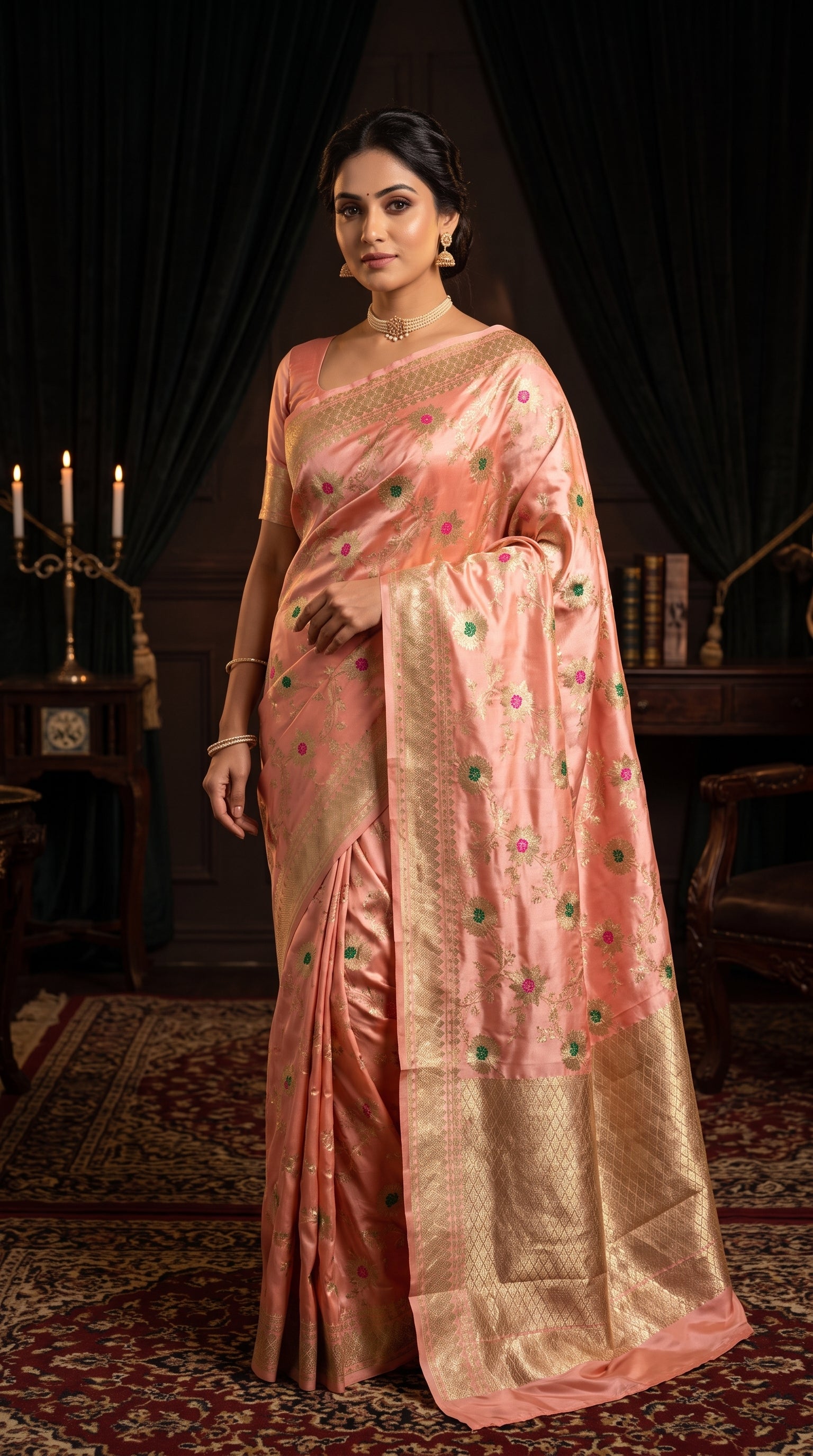 Blush Pink Sunflower and Daisy Jaal Saree with Golden Border 1