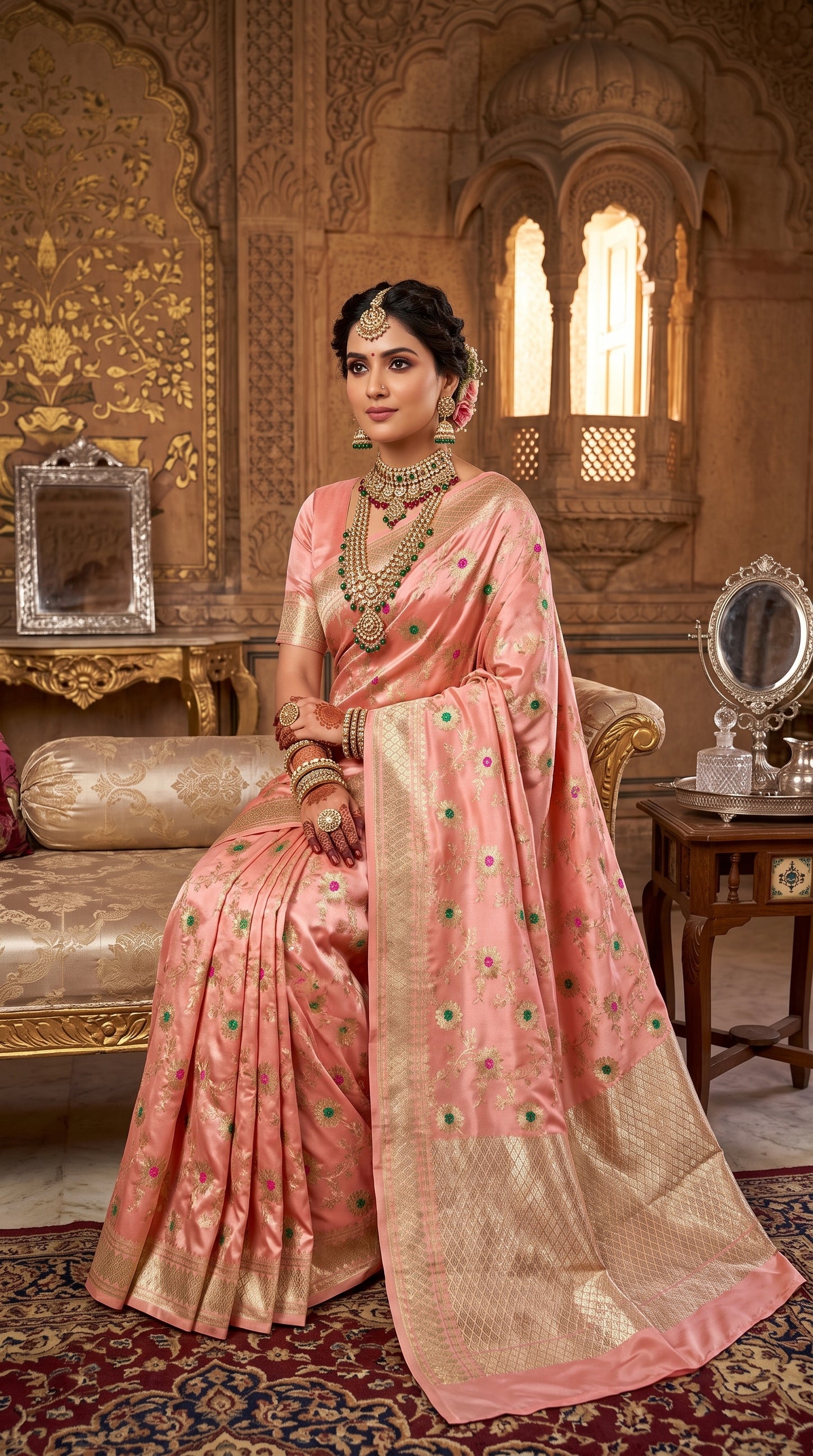 Blush Pink Sunflower and Daisy Jaal Saree with Golden Border 2