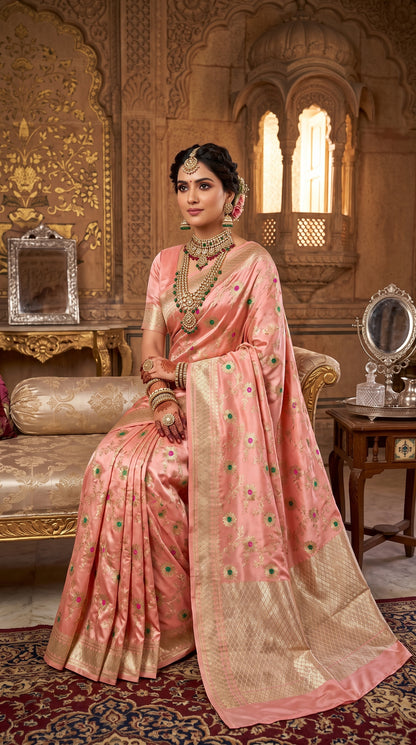 Blush Pink Sunflower and Daisy Jaal Saree with Golden Border 2