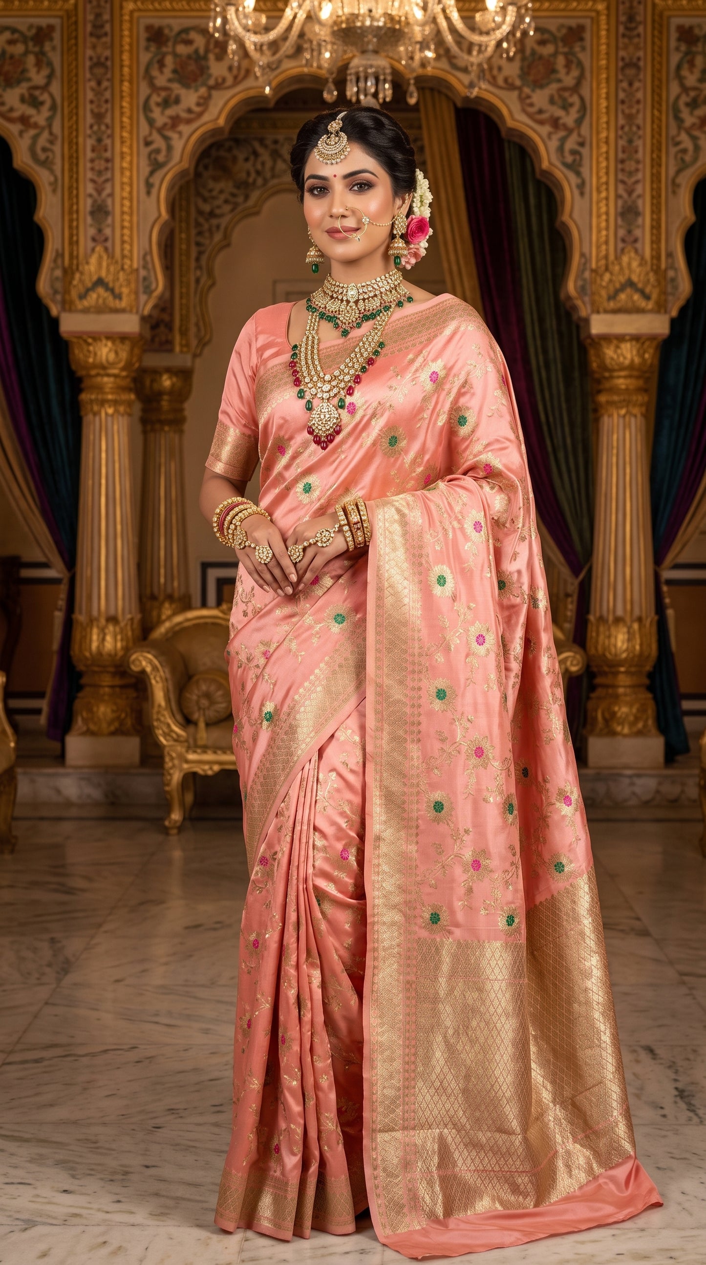 Blush Pink Sunflower and Daisy Jaal Saree with Golden Border 3
