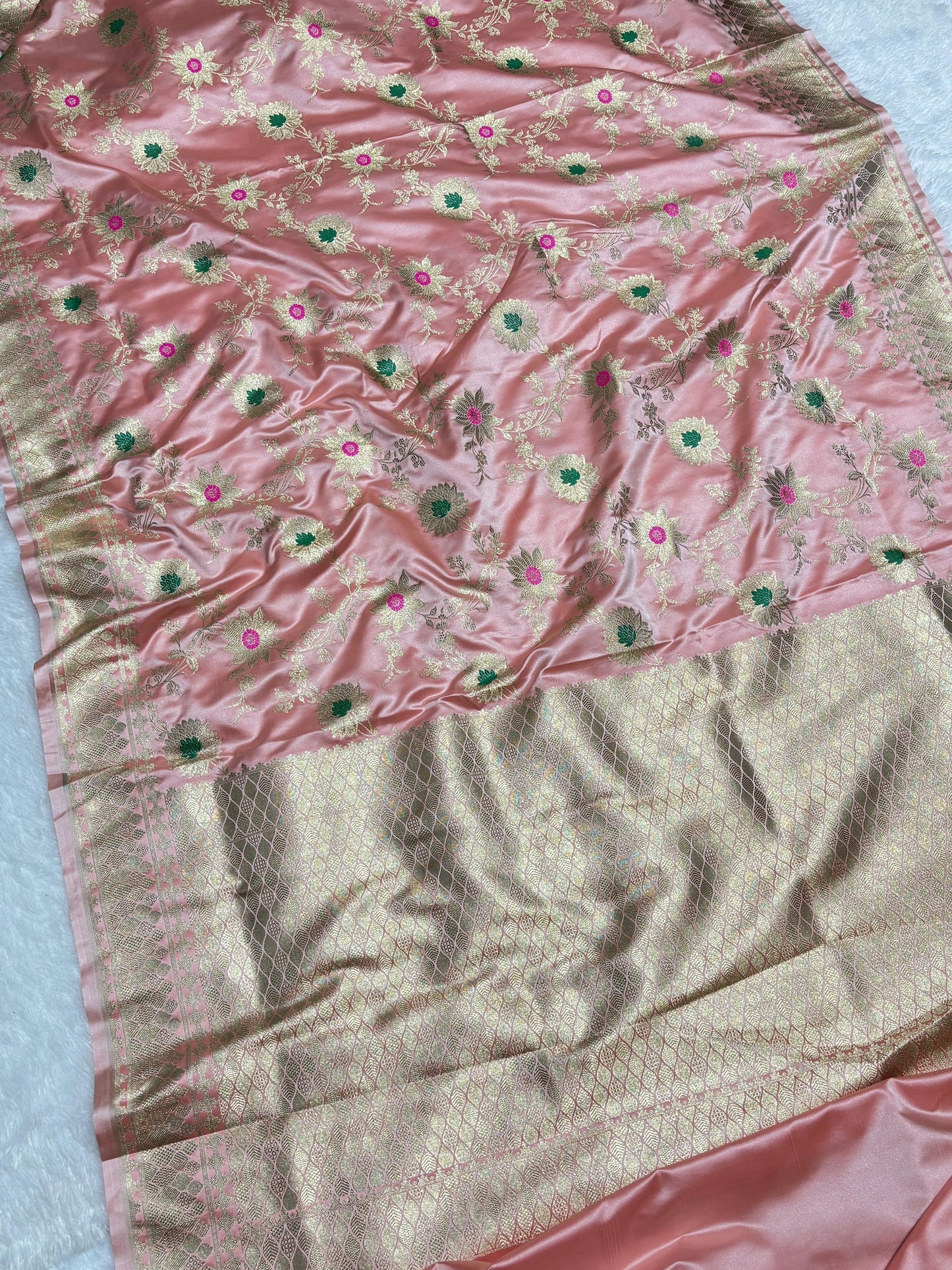 Blush Pink Sunflower and Daisy Jaal Saree with Golden Border