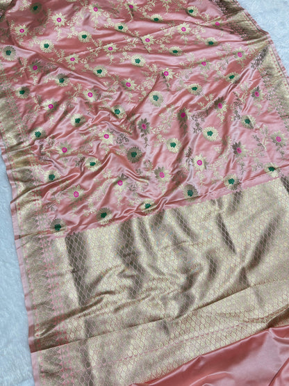 Blush Pink Sunflower and Daisy Jaal Saree with Golden Border