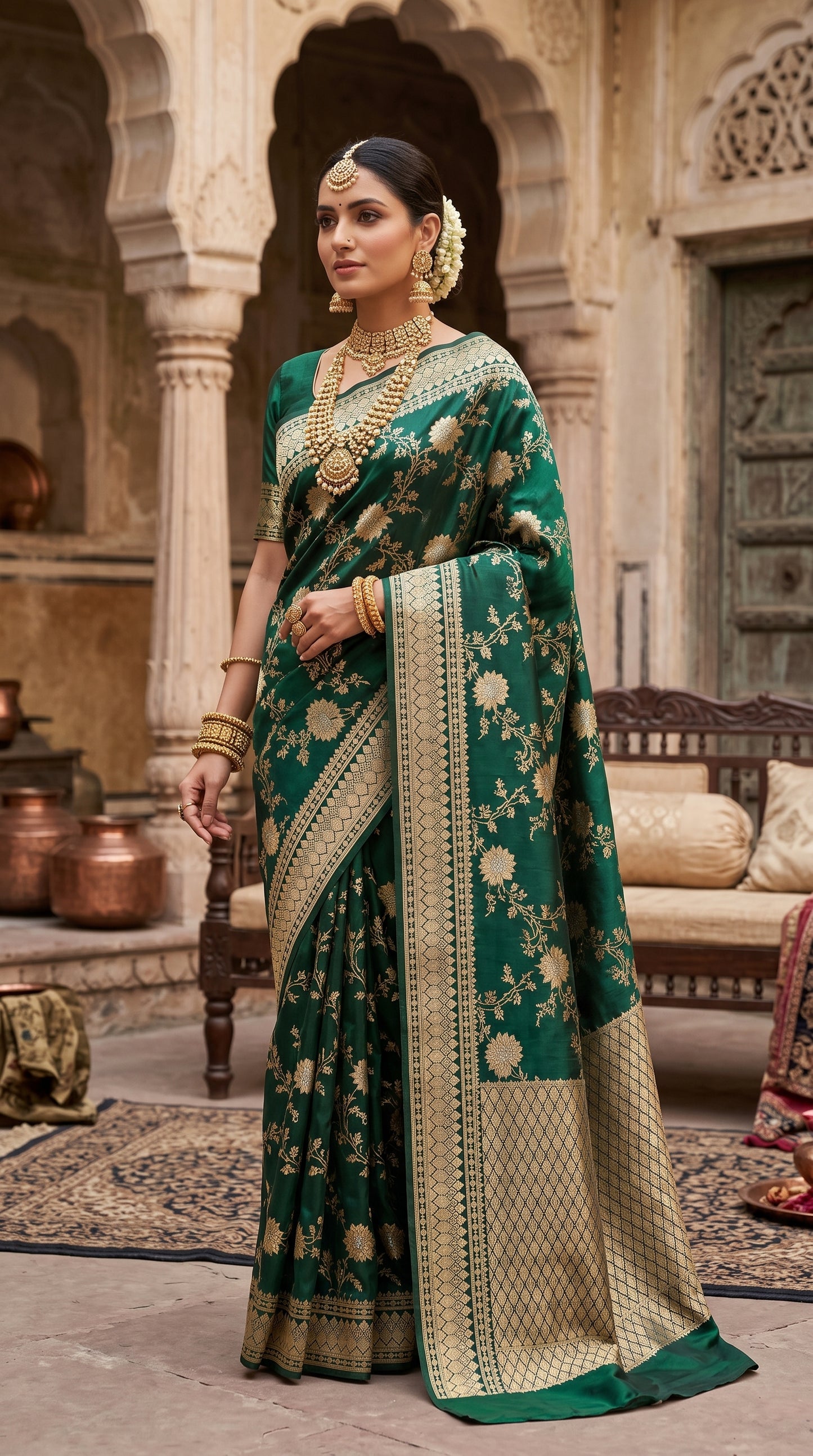 Bottle Teal Green Katan Banarasi Silk Saree with Floral Jaal and Self-Toned Zari Border