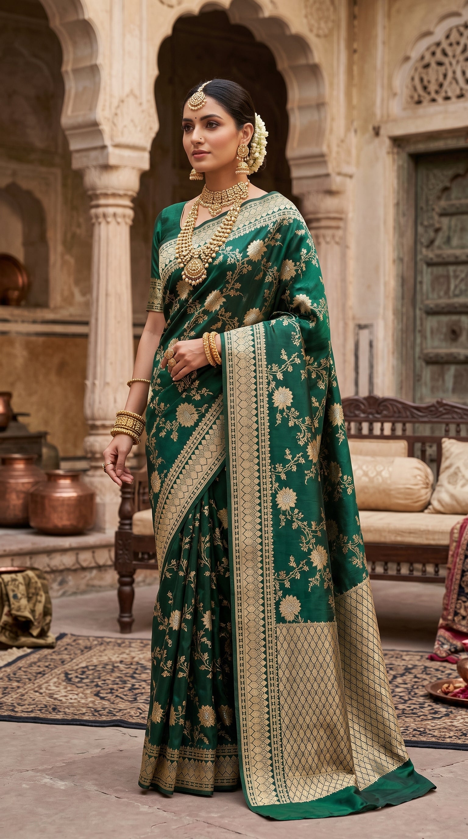 Bottle Teal Green Katan Banarasi Silk Saree with Floral Jaal and Self-Toned Zari Border