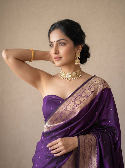 Royal Purple Katan Silk Chhoti Buti Saree with Rich Gold Zari Weaving Border