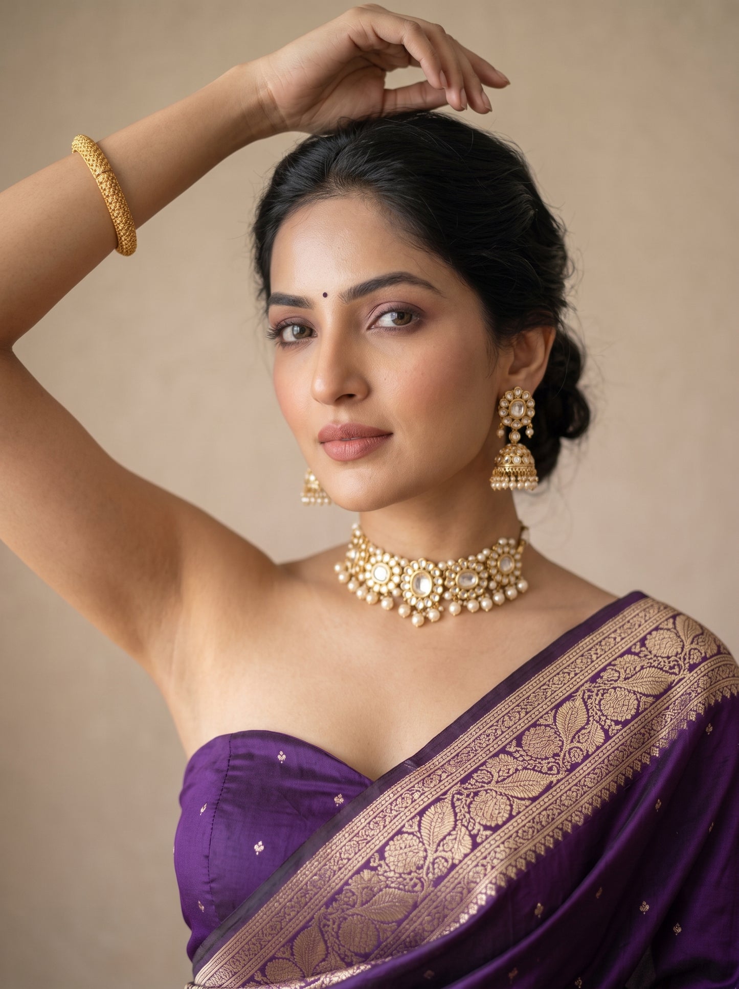 Royal Purple Katan Silk Chhoti Buti Saree with Rich Gold Zari Weaving Border