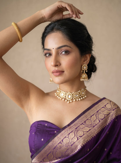 Royal Purple Katan Silk Chhoti Buti Saree with Rich Gold Zari Weaving Border