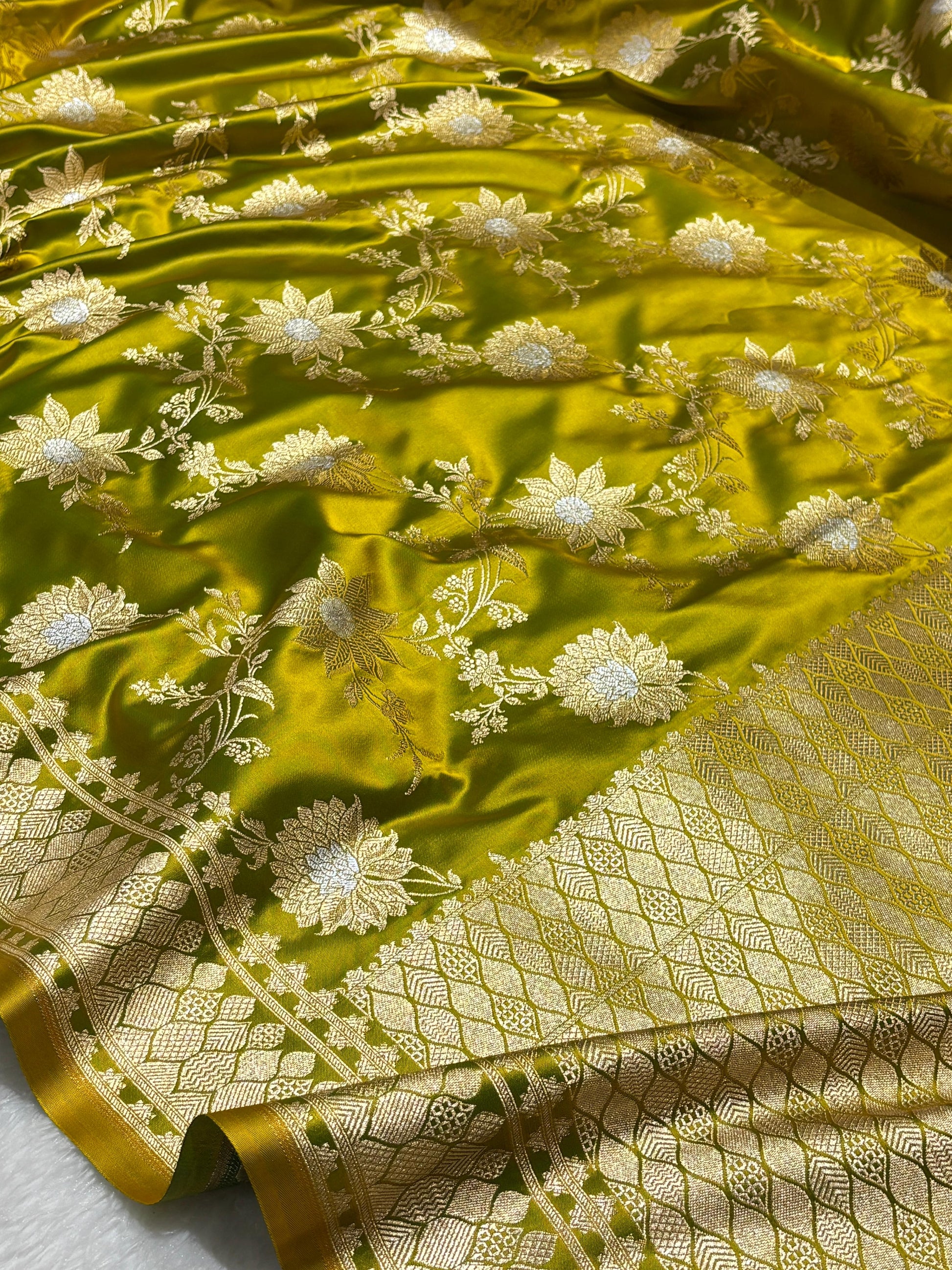 Golden Olive Green Katan Banarasi Silk Saree with Floral Jaal and Self-Toned Zari Border 1