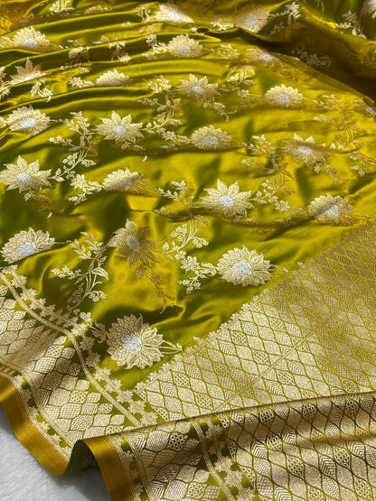 Golden Olive Green Katan Banarasi Silk Saree with Floral Jaal and Self-Toned Zari Border 1