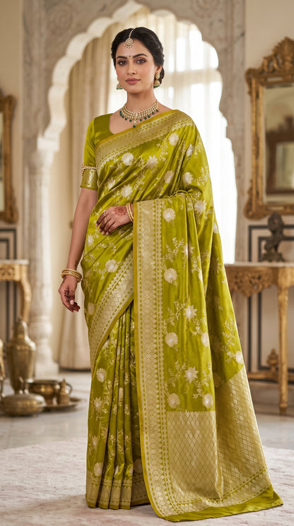 Golden Olive Green Katan Banarasi Silk Saree with Floral Jaal and Self-Toned Zari Border 2