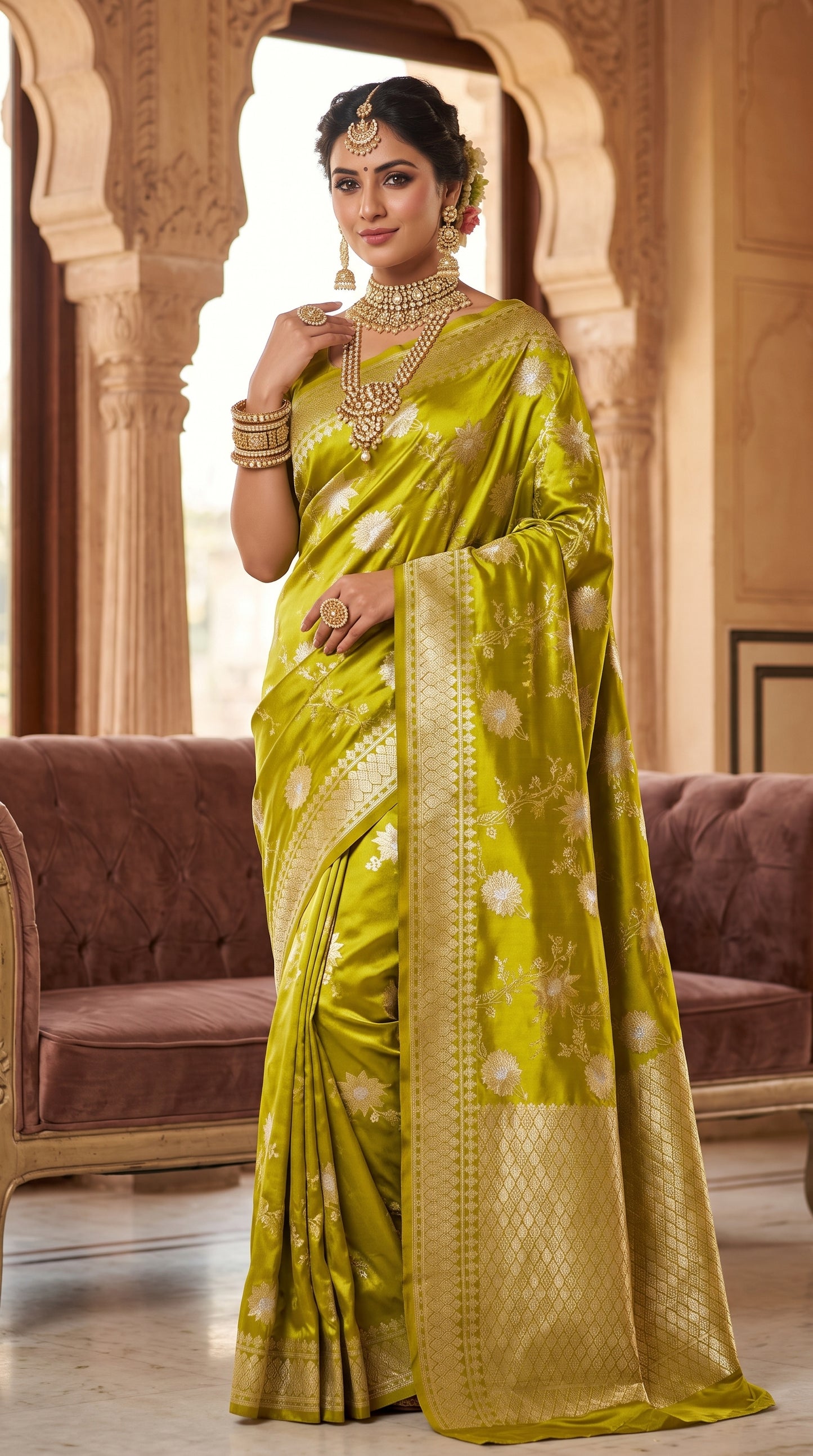 Golden Olive Green Katan Banarasi Silk Saree with Floral Jaal and Self-Toned Zari Border 3