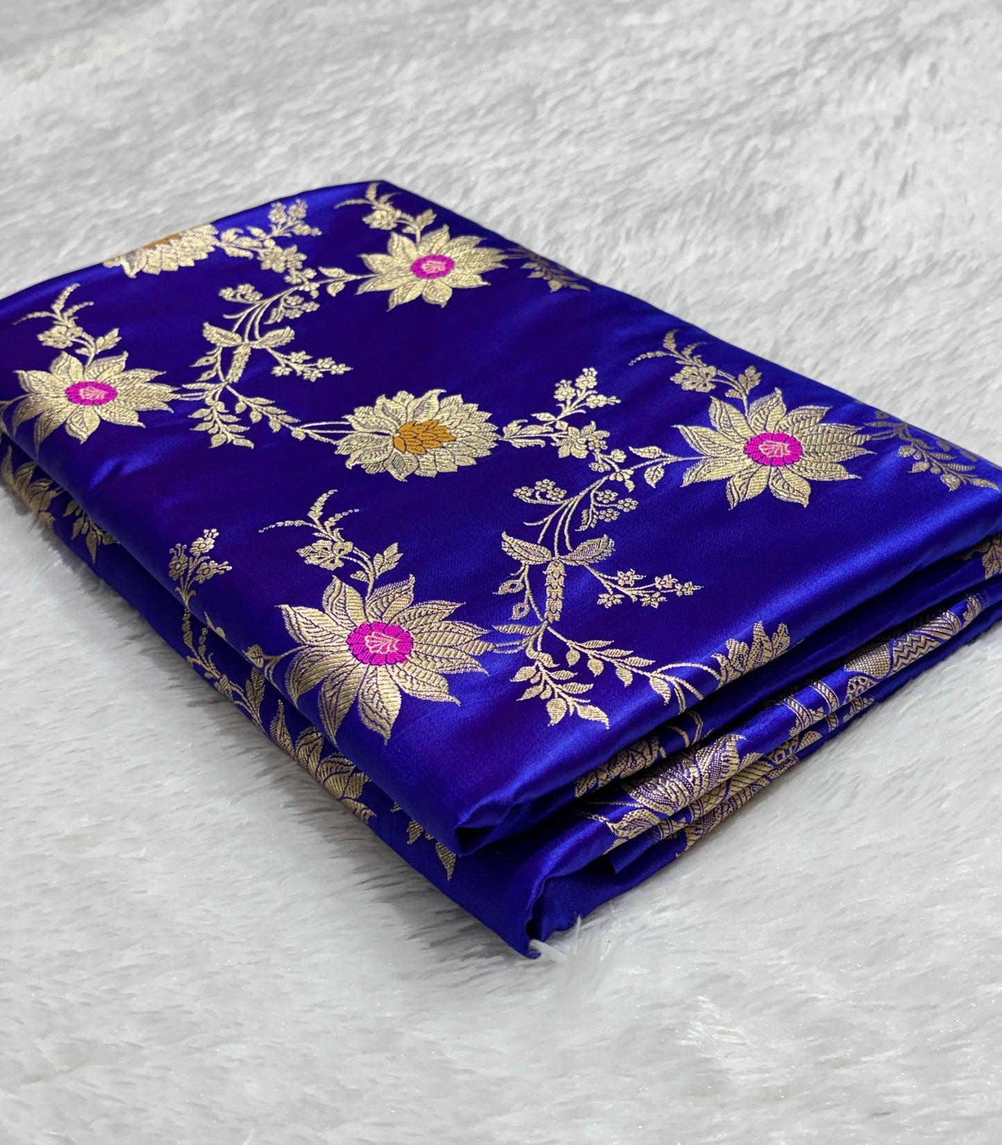 Royal Blue Sunflower and Daisy Jaal Saree with Golden Border