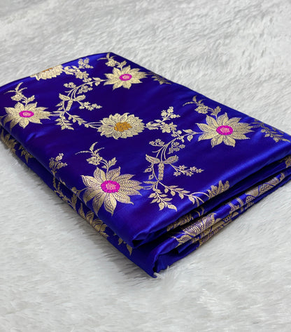 Royal Blue Sunflower and Daisy Jaal Saree with Golden Border