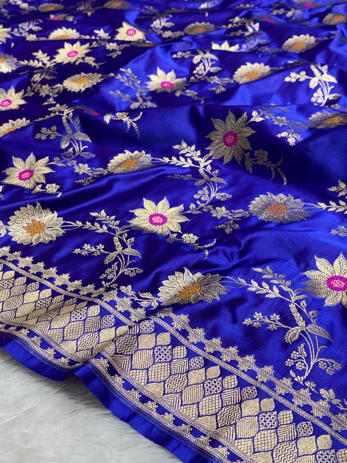 Royal Blue Sunflower and Daisy Jaal Saree with Golden Border