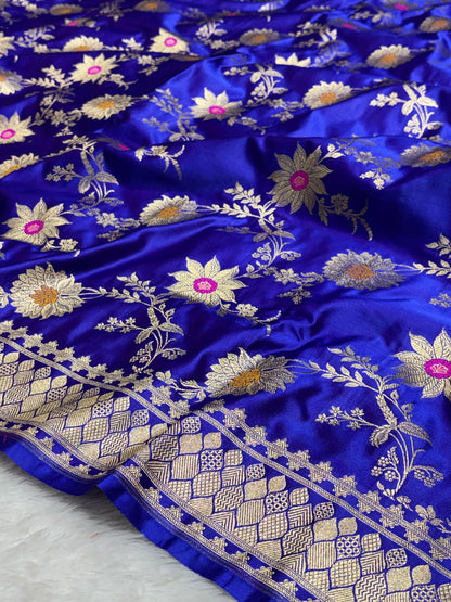Royal Blue Sunflower and Daisy Jaal Saree with Golden Border