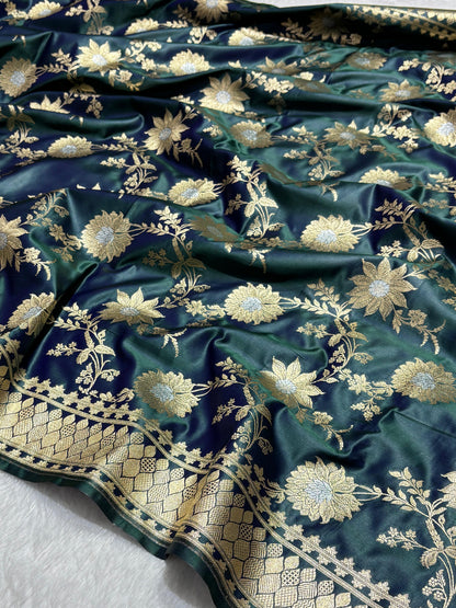 Bottle Teal Green Floral Jaal Katan Banarasi Silk Saree