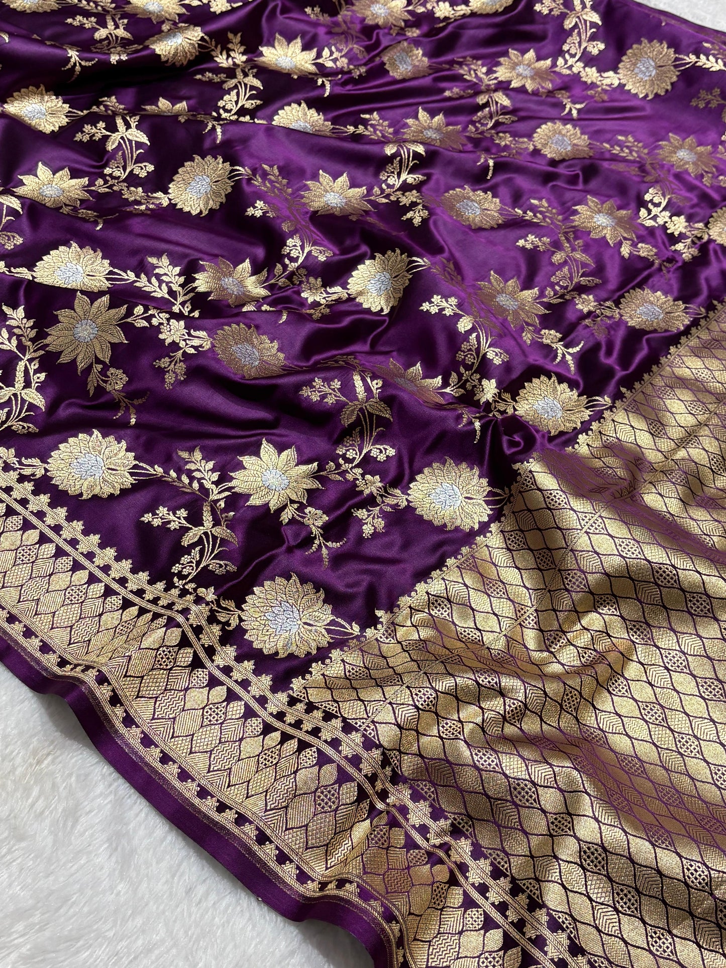 Royal Purple Floral Jaal Katan Silk Banarasi Saree with Golden Border