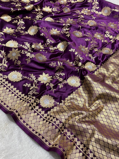 Royal Purple Floral Jaal Katan Silk Banarasi Saree with Golden Border