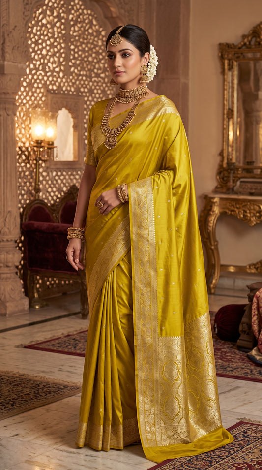 Kanak Yellow Katan Silk Chhoti Buti Saree with Gold Zari Weaving Border 1