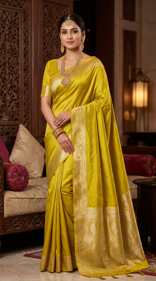 Kanak Yellow Katan Silk Chhoti Buti Saree with Gold Zari Weaving Border