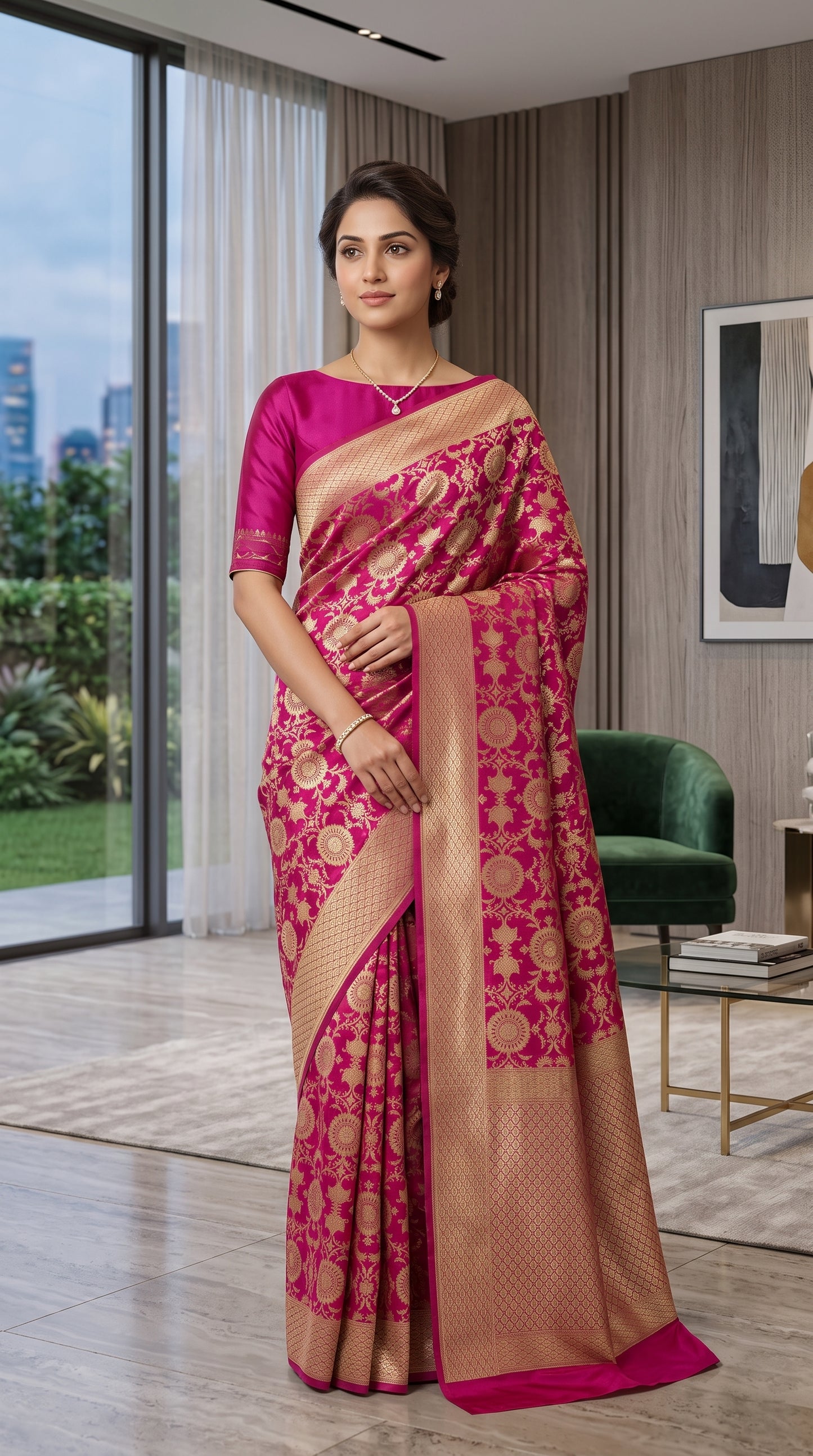 Majestic Rani Pink Floral Jaal Katan Banarasi Silk Saree with Golden Border
