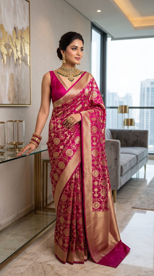 Majestic Rani Pink Floral Jaal Katan Banarasi Silk Saree with Golden Border 2