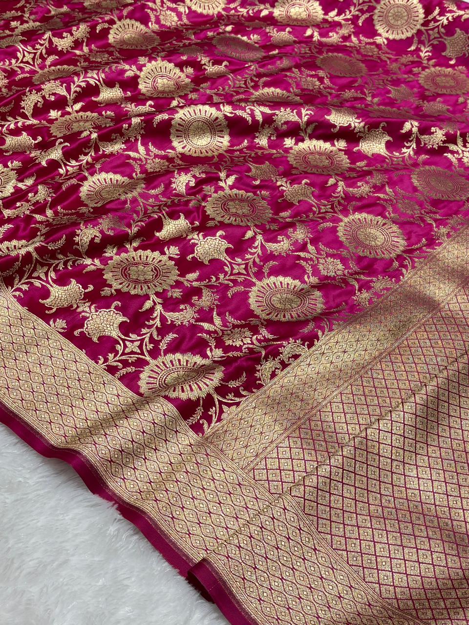 Majestic Rani Pink Floral Jaal Katan Banarasi Silk Saree with Golden Border 4