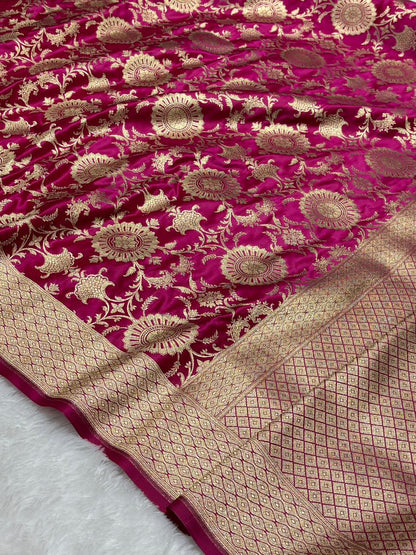 Majestic Rani Pink Floral Jaal Katan Banarasi Silk Saree with Golden Border 4