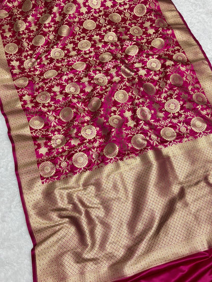 Majestic Rani Pink Floral Jaal Katan Banarasi Silk Saree with Golden Border 7