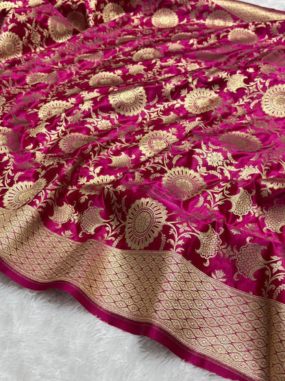 Majestic Rani Pink Floral Jaal Katan Banarasi Silk Saree with Golden Border 8