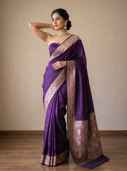 Royal Purple Katan Silk Chhoti Buti Saree with Rich Gold Zari Weaving Border